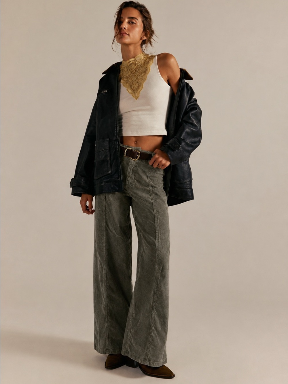 NWT We The Free Libre Cord Wide Leg Jeans Olive Green Corduroy 28 Free People